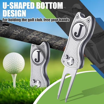 Golf Divot Repair Tool with Letter Custom Monogrammed Initial Ball Marker Divot Tool New Year Golf Gifts Foldable Metal with Magnetic Putt Alignment for Men Father Golfer - color: Silver, style: Letter J