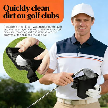 Golf Club and Golf Ball Cleaning Bag - Cleans Club Grooves Cleaner, Golf Bag Accessories,Waterproof Clean Face Tech, Detachable Clip, Machine Washable,Golfer Gifts for Men(Black)