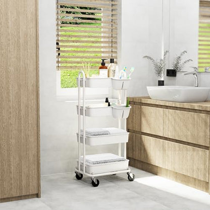 Simple Houseware 4-Tier Multifunctional Rolling Utility Cart with Hanging Buckets, White - color: White, size: 4-Tier
