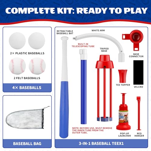 3-in-1 T Ball Set for Kids 3-5, Adjustable Baseball Tee with Auto Ball Launcher, Hanging Stand & 4 Balls, Indoor/Outdoor Sports Toys Gifts for Boys Girls Ages 5-8