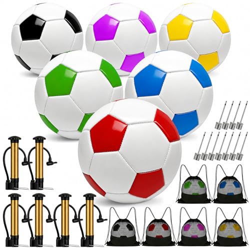 6 Pack Soccer Balls Size 5/4/3 Deflated Includes Soccer Ball with Pump and Net Bag, Pelota De Futbol Training Practice Sphere Competition for Indoor Outdoor