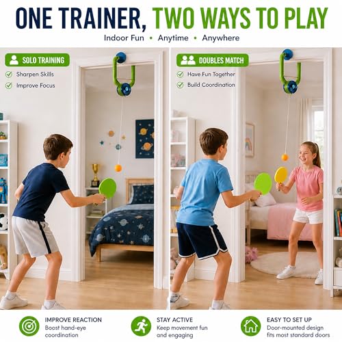 Hanging Table Tennis Trainer Portable Set, 1 Pcs Trainer 6 Balls Door Pong Game for Kids with Racket and Balls, Adjustable Hanging Table Tennis Trainer
