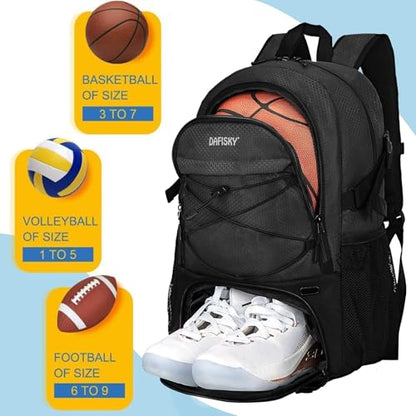 DAFISKY Basketball Backpack, Basketball Bag with Ball Holder Shoes Compartment, Sports Equipment Bag for Soccer Ball, Volleyball - color: Black