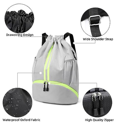Valleycomfy Sports Drawstring Backpack - Water Resistant String Bag with Side Mesh Pockets Shoe Compartment Gym Backpack for Women & Men Grey - color: A-grey
