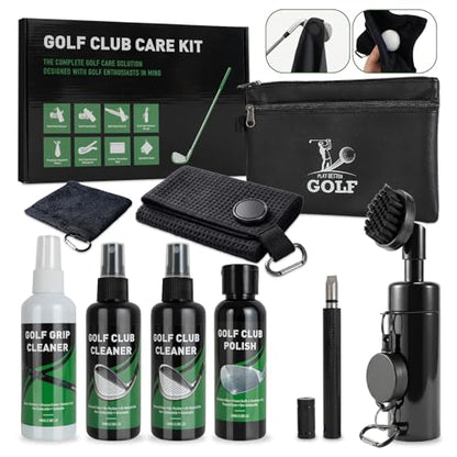Golf Club Cleaning Kit, 8-in-1 Club Care Set with Cleaner, Brush, Groove Sharpener, Grip Cleaner, Polish, Magnetic Towel, Ball Towel & Portable Bag - Restores Shine, Removes Rust, Renews Grip