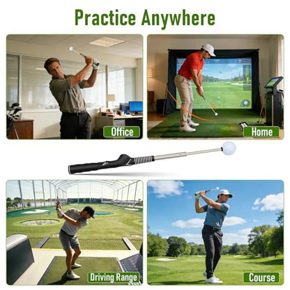 Retractable Golf Swing Training Aid - Portable Grip Trainer with Click Feedback for Right Handed Golfers, Portable Swing Tempo Trainer with Arm Band for Indoor & Outdoor Practice