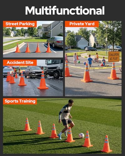 2 Pack 18 Inch Collapsible Traffic Safety Cones, Orange Pop Up Cones with Reflective Collar, Multi Purpose Road Cones for Road Safety, Parking Lot, Driving and Sport Training - size: 18 Inch