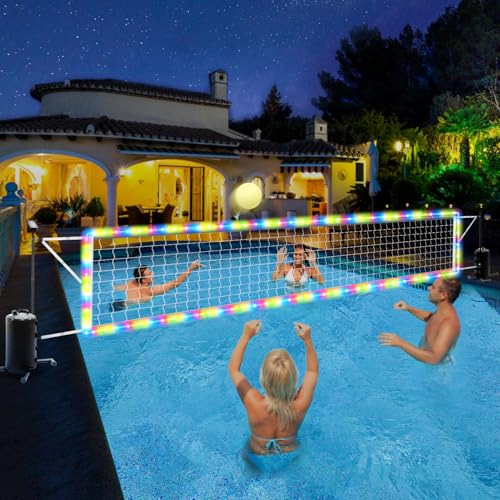 Pool Volleyball Net Set with Solar LED Lights, Adjustable 15-32ft Water Volleyball Net for Inground Pools with Glow Ball, Pump & Weighted Bases, Outdoor Pool Games for Kids Adults Family