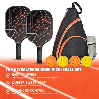 Pickleball Paddles Set of 2 with 4 Indoor/Outdoor Balls & Backpack - Lightweight Fiberglass Surface, Polypropylene Honeycomb Core for Enhanced Control and Power