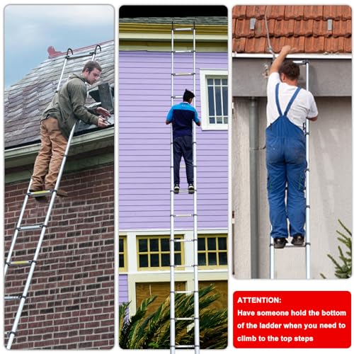 26.2FT Telescoping Aluminum Extension Ladder, Telescopic Ladder with Hooks，330lbs Capacity, Multi-Purpose Collapsible for Home, Outdoor Work, Silvery