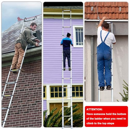 26.2FT Telescoping Aluminum Extension Ladder, Telescopic Ladder with Hooks，330lbs Capacity, Multi-Purpose Collapsible for Home, Outdoor Work, Silvery