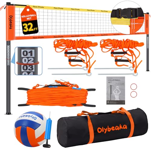 Outdoor Volleyball Net Set for Backyard Beach with 1.25“ Adjustable Poles, Anti-Sagging 28-ply PE Net, PU Volleyball & Pump, Large Portable Carry Bag