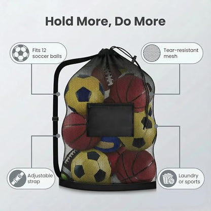 Extra Large Soccer Ball Bag，40x30 Inch Extra Large Mesh Equipment Sack for Coaches, Storage Bag for Basketball, Volleyball, Gym Equipment, Swimming Gear - color: Black+Black (With Pocket)