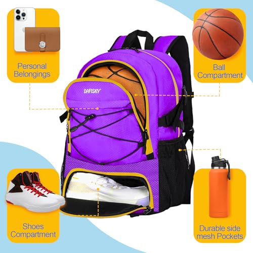 DAFISKY Basketball Backpack, Basketball Bag with Ball Holder Shoes Compartment, Sports Equipment Bag for Soccer Ball, Volleyball - color: purple