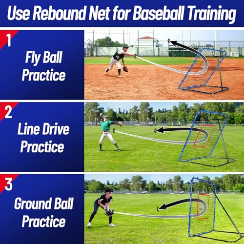 SPOYNAL Baseball Rebounder Net 4 x 4.5 FT Baseball Training Equipment Base Ball Bounce Back Net with 5 Return Angles Softball Pitching Net Fly Ball Line Drive Ground Ball Training Net for Fielding