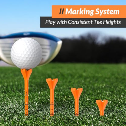 Plastic Golf Tees, 150 Pack (130 Driver Tees + 20 Iron/Hybrid Tees), Low Friction & Resistance, Top Golf Gifts for Men & Unique Golf Gifts for Golfers - color: Tangerine(3-1/4'', 130pcs) & White(1-1/2'', 20pcs), Plastic