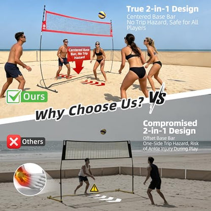 2-in-1 Volleyball Practice Net Station with Patented 5-Height (6'6'' to 8'), Heavy Duty Training System for Hitting Spiking Serving, Backyard Indoor Outdoor Trainer Equipment