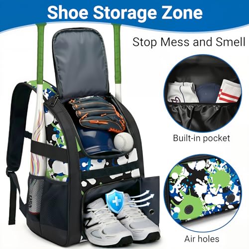 Youth Baseball Bag - Softball Bag for Girls & Boys with Shoes Compartment, Bat Backpack for Baseball, T-Ball & Softball Equipment - color: Camo-Green
