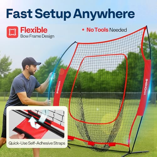 VIVOHOME Baseball Softball Batting Net - 7x7 Ft Baseball Backstop, Softball Practice Net for Hitting, Pitching, Throwing with Batting Tee and Carry Bag - style: 7 x 7 ft Red Net with Tee