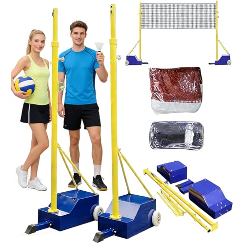 Volleyball Poles for Backyard,Badminton Net Frame Poles,Indoor& Outdoor Heavy Duty Volleyball Poles, Adjustable 4 Heights of 5ft-6.9ft w/Wheels&Net,for Adults Kids Stadium