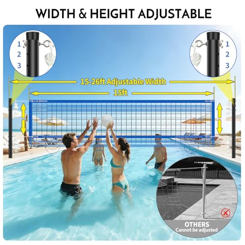 Inground Pool Volleyball Net Set with Max 26 FT Adjustable Length, 3 Heights Adjustable Outdoor Volleyball Set for Pool with 2 Volleyballs and Carry Bag - color: Blue