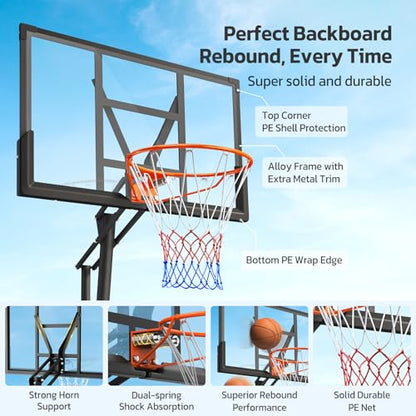 Yohood Basketball Hoop Outdoor Portable 44/48 Inch Backboard, 10ft Quickly Adjustable Basketball Goal System with Wheels for Court/Backyard/Driveway