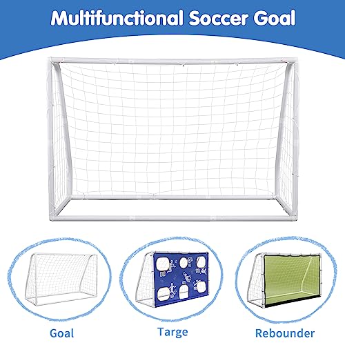 6 x 4 Ft Soccer Goal Set, 3 in 1 Portable Soccers Training Equipment with Soccer Net, Ball, Target & Rebounder Panel, UPVC Frame Practice Football Goals for Backyard Outdoor