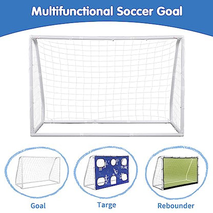 6 x 4 Ft Soccer Goal Set, 3 in 1 Portable Soccers Training Equipment with Soccer Net, Ball, Target & Rebounder Panel, UPVC Frame Practice Football Goals for Backyard Outdoor