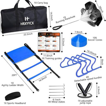 Agility Ladder Speed Training Equipment Set-20ft Agility Ladder 4 Adjustable Hurdles Running Parachute Jump Rope Speed Training Equipment for Soccer Football Basketball