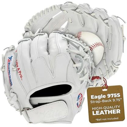 Valle Eagle 975S Strap-Back Infield Baseball Glove I Web – Sure Catch, Made with Soft Steer Hide Leather - Advanced Training & Practice Mitt for Youth, Boys & Girls – White, 9.75”
