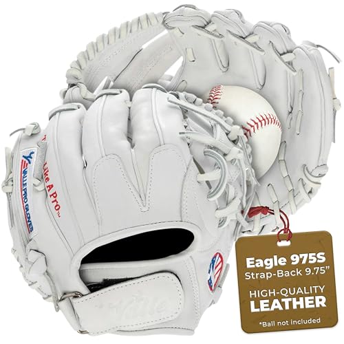 Valle Eagle 975S Strap-Back Infield Baseball Glove I Web – Sure Catch, Made with Soft Steer Hide Leather - Advanced Training & Practice Mitt for Youth, Boys & Girls – White, 9.75”
