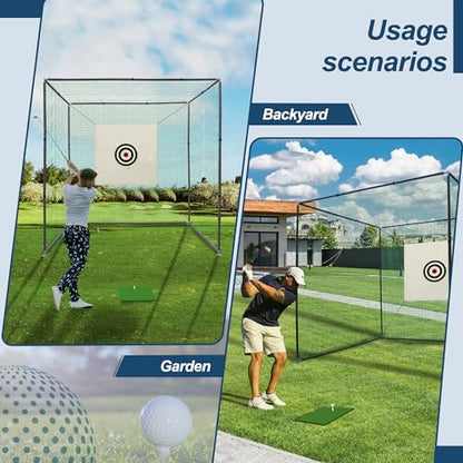 10x10 FT Golf Practice Net Cage, Golf Driving Nets for Backyard w/Netting Enclosure Target Cloth, Steel Frame Swing Practice Mat for Full Swing and Chipping Indoor Outdoor