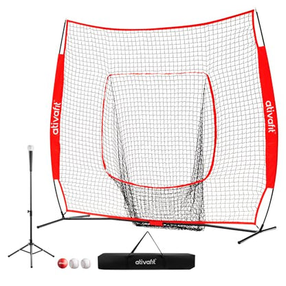 Ativafit 7x7 Baseball Practice Net - Portable Pitching & Batting Training Net with Hung Net*2 - Easy Setup Baseball Net - Includes, Practice Balls*3, Batting Tee*1, Carry Bag*1 - color: RED