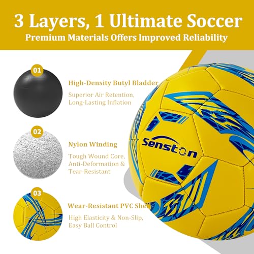 Senston Soccer Ball Size 5 with Pump and Needle, 3-Layer Construction (Butyl Bladder + Nylon Winding + PVC Cover), Stable Flight, Durable & Easy to Clean, Suitable for Teens & Adults