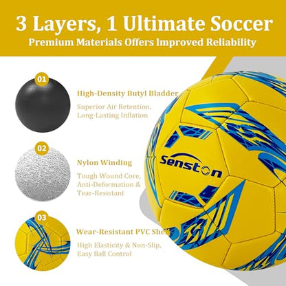 Senston Soccer Ball Size 5 with Pump and Needle, 3-Layer Construction (Butyl Bladder + Nylon Winding + PVC Cover), Stable Flight, Durable & Easy to Clean, Suitable for Teens & Adults