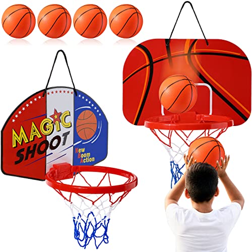 Sosation 2 Pcs Mini Basketball Hoop with 4 Basketball, Sticky Hook, Pump, Indoor No Drilling Basket Ball Hoop Decompress Game for Kid Adult Back to School Gift - style: Shoot Style