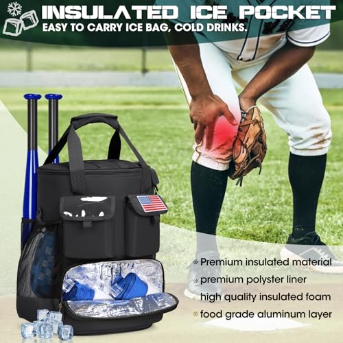 RAINSMORE Baseball Bucket Bag Tactical Baseball Coaches Bag with Insulation Pocket Lightweighht Softball Baseball Bag Backpack for Adult Multiple Pockets for Balls, Bat, Gloves, Scoreboards