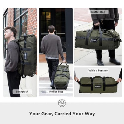 STOVER 45/80/100L Rolling Duffel Bag with Wheels, X-Large Durable Travel Duffle + Toiletry Bag, Heavy Duty, Packable with Shoulder Straps- Use as Luggage or Backpack, Men/Women (Green) - color: Green