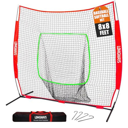 7x7ft/8x8ft Baseball Softball Net with Steel Frame for Batting, Hitting, Pitching, Portable Baseball Batting Net with Carry Bag, Great for All Levels - size: 8FT Red