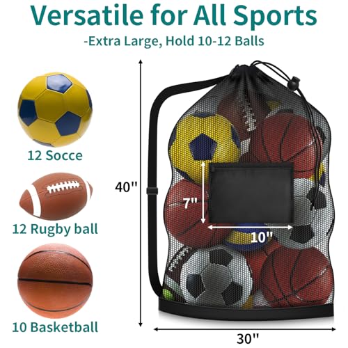 Extra Large Sports Ball Bag, Heavy Duty Breathable Mesh Storage Bag, 40" x 30" Hold 10-12 Soccer Basketball Football, Adjustable Shoulder Strap, Ideal for Coaches, Team, Swimming Gear - style: Zipper Pocket