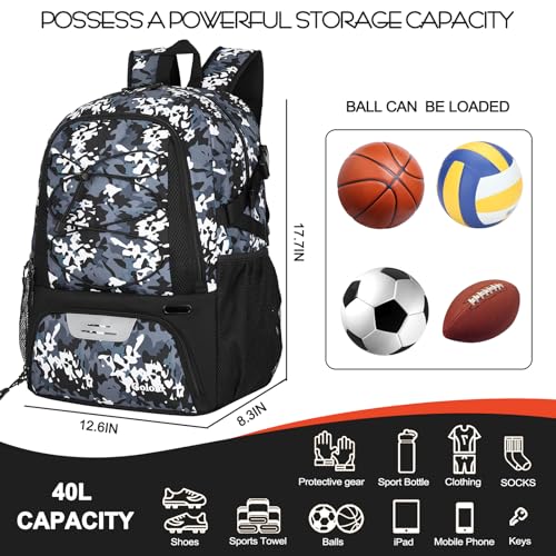 Goloni Basketball Backpack,Large Sports Bag with Ball Compartment & Shoe Compartment,Basketball Bag Fit Volleyball, soccer,Gym - color: Camo Gray