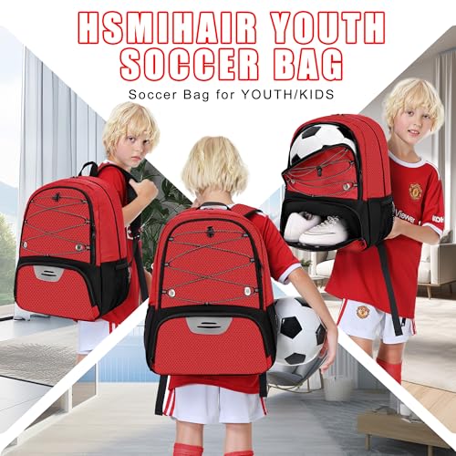 Hsmihair Youth Soccer Bag-Soccer Backpack&Backpack for Football Basketball,with Ball Compartment Separate Cleat Package - color: Red2