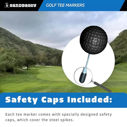 Sandbaggy Plastic Tee Markers for Golf Course (UV Resistant) - Steel Spike - Safety Caps Included - color: Black