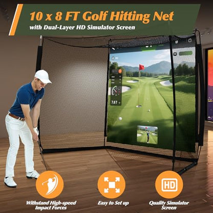 Golf Net with Simulator Impact Screen and Target Cloth, 10x8ft Golf Practice Net for Backyard, Portable Heavy Duty Golf Hitting Net for Outdoor Indoor