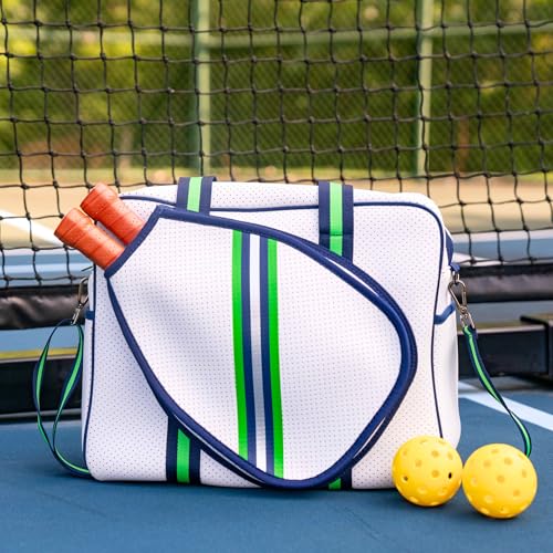 Brooklyn Pickleball Bag - Women's Pickleball Bag with fence hook, Quality Construction, Functional And cute Design - color: White Navy/Green/Silver