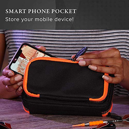 Casemaster Plazma Plus, 3 Dart Case for Soft and Steel Tip Darts Features Large Front Mobile Device Pocket, Built-in Storage Tube and Pockets for Flights, Tips, Shafts, and Personal Items