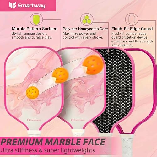 Smartway USAPA Approved Pickleball Paddles Set - Included 2 Lightweight & Slip Resistant Fiberglass Pickle Ball Rackets + 4 Balls + 1 Portable Carry Bag, Pickle Ball Set for Men Women Beginners - color: Blush Flow