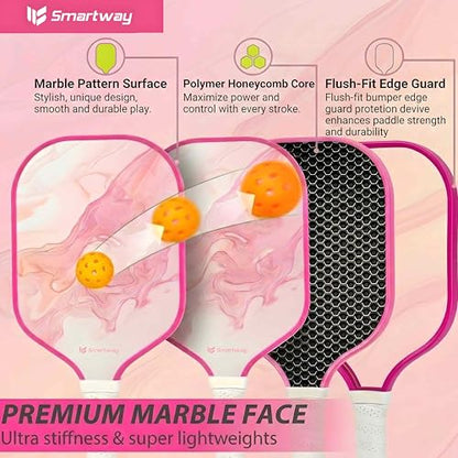 Smartway USAPA Approved Pickleball Paddles Set - Included 2 Lightweight & Slip Resistant Fiberglass Pickle Ball Rackets + 4 Balls + 1 Portable Carry Bag, Pickle Ball Set for Men Women Beginners - color: Blush Flow