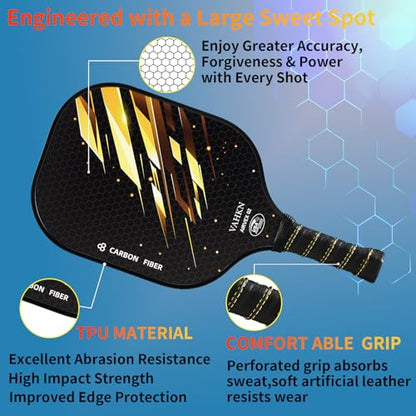 Pickleball Paddles,Pickleball Paddles Set of 2-Carbon Fiber Pickle Ball Paddle 2 Pack for Men and Women-Lightweight,Control & Power Racket Set Equipment with Bag & Balls - color: Gold & Silver