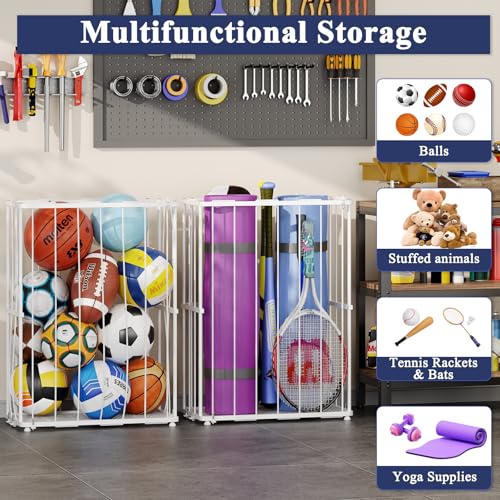 Garage Ball Storage, Wall-Mounted & Floor Ball Holder with Elastic Rope, Sports Equipment Organize Ball Rack for Basketball, Soccer, Volleyball, Football, Garage, Gym, White